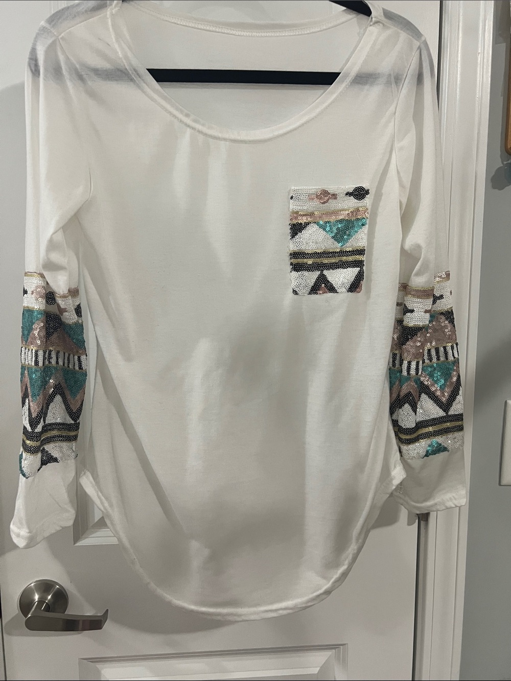 White Long Sleeve Tee with Sequin Geometric Pocket & Sleeve Accents
